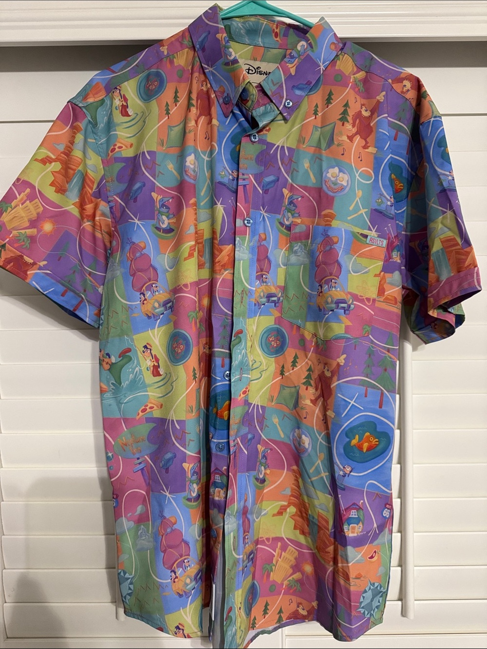 Disney Short Sleeve Button-Down Shirt in Purple, Blue, Green, Orange